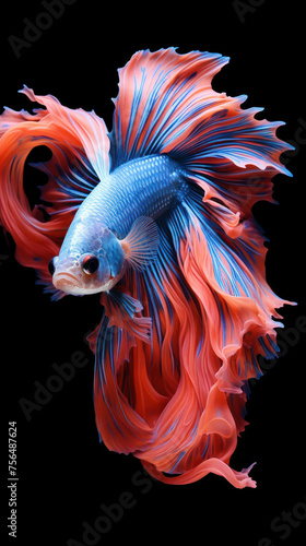 Dive into the enchanting world of tropical fish with a stunning Siamese specimen, isolated on black to highlight its vibrant colors and intricate details. AI generative