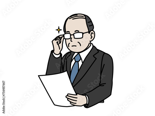 書類を見る中年会社員の男性のイラスト