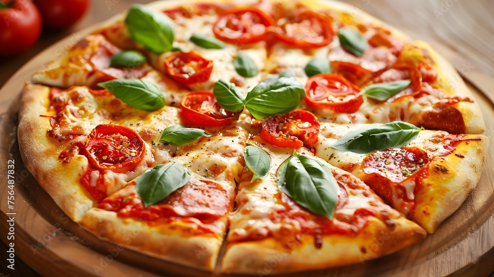 Fresh Pepperoni Pizza with Basil, Perfect for Menu Use, Fresh Pepperoni Pizza with Basil, Perfect for Menu Use,