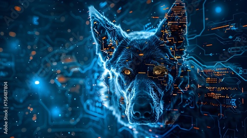 Digital Dog Portrait, Cyber Network Animal Concept