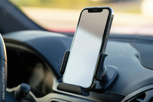 Blank white phone screen on car dashboard, mockup. © John_Doo78