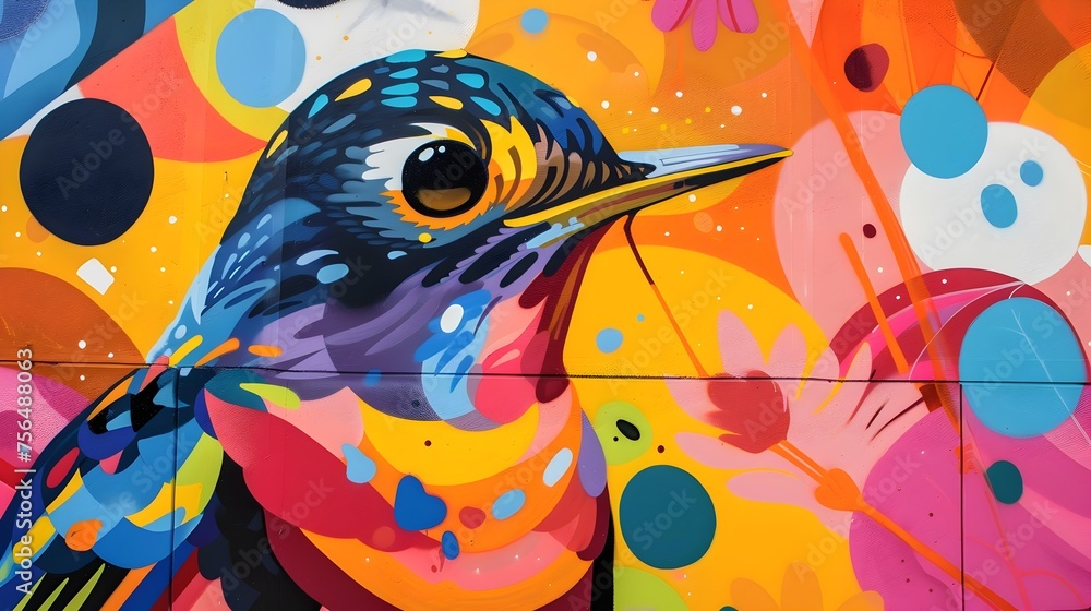 Brightly Colored Bird Graffiti, Artistic Urban Wall Art