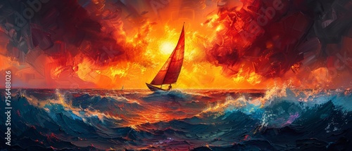 Painting in oil color on canvas of a sailboat windsurfing on waves against the sunset sun and multicolored sky of a sailing windsurfer against a canvas of transparent sailing windsurfing.