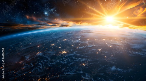 Glowing Earth with sun rising over horizon in space, ideal for global connectivity, world news, or international business themes.