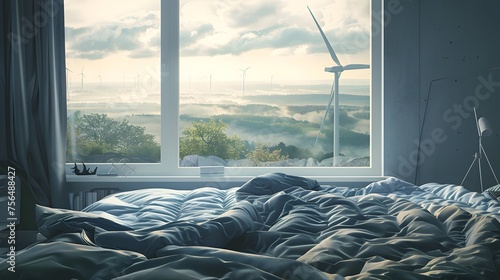Scenic view through window of misty landscape with wind turbines, conceptual image for renewable energy and sustainability