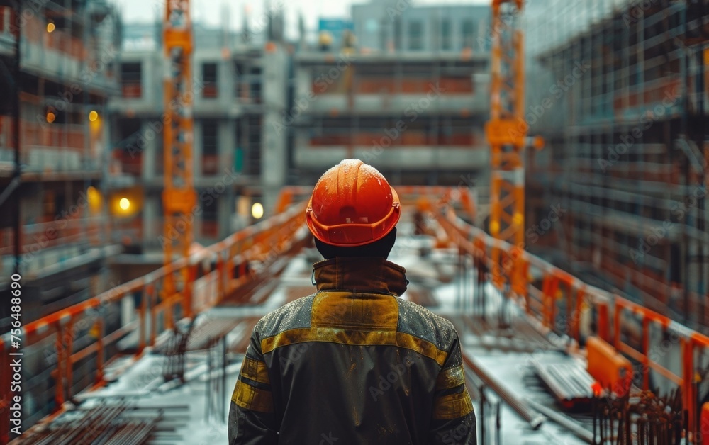 Construction engineer in safety gear observes the progress of the building on site. Construction engineer in safety gear observes the progress of the building on site.