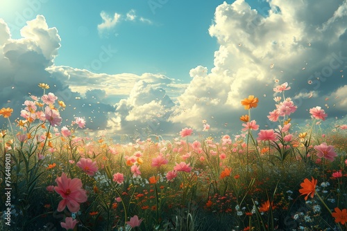 A breathtakingly beautiful field of pink and orange flowers under a sunny sky with fluffy clouds