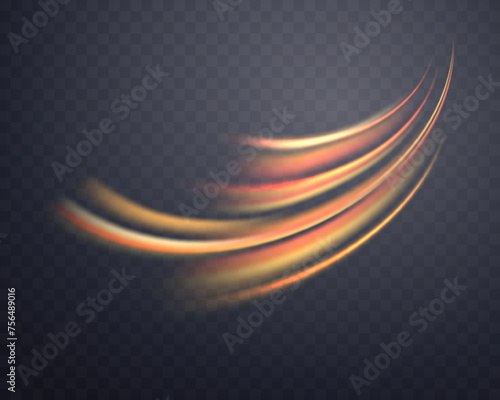 Glowing orange lines. Neon realistic energy speed. Abstract light effect on a dark transparent background. Vector illustration.