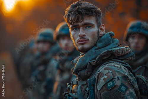 Close up of a soldier with clear eyes, standing with his squad at sunset, evoking feelings of duty and sacrifice