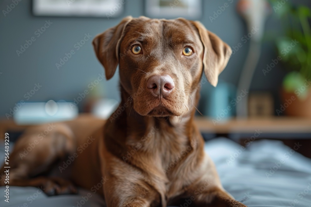 Indoor shot of a brown dog lying with a focused expression on a bed with a modern room background Indoor shot of a brown dog lying with a focused expression on a bed with a modern room background