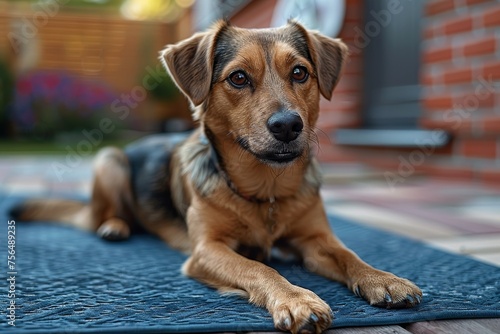 A calm brown dog rests on a blue woven mat with a blurred brick house and garden in the background