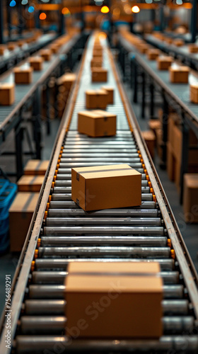 E-commerce fulfillment center in action, packaging and distribution of online shopping orders, warehouse logistics optimized conveyor belt system