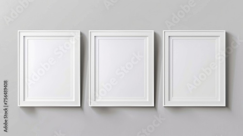 3 white frame mockup. Empty space template for photo or art picture. White wall or table background. Blank place mock up. Three photography sample. photo