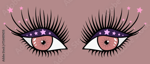 Red eye look. On half-closed eyelids, purple eyeshadow and sparkling glitter. Lush black eyelashes are covered with pink stars. White highlights on the iris and pupil. Color vector illustration. 
