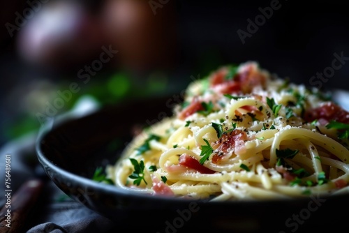 Pasta carbonara with bacon, Italian cuisine dish