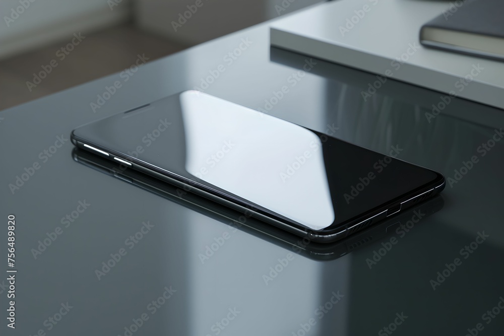 Flexible Mock-up with Smartphone on Desk, black display, close-up shot, generic desk background, perfect Flexible Mock-up with Smartphone on Desk, black display, close-up shot, generic desk background, perfect