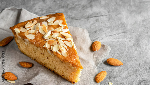 almond cake. top view shot of piece of almond cake on grey background, copy space