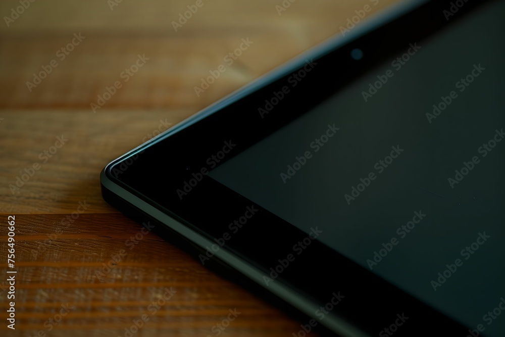 Versatile Tablet Mock-up on Generic Desk, close-up, blank tablet, generic desk background, black display Versatile Tablet Mock-up on Generic Desk, close-up, blank tablet, generic desk background, black display