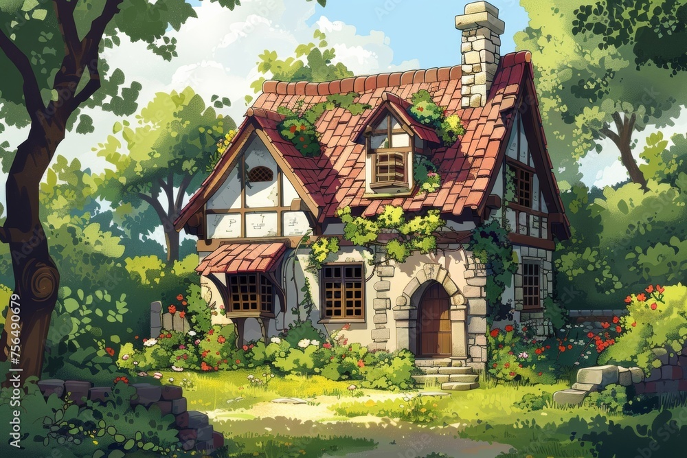 Fototapeta premium A quaint garden house nestled in a medieval town, surrounded by blooming flowers and lush greenery.