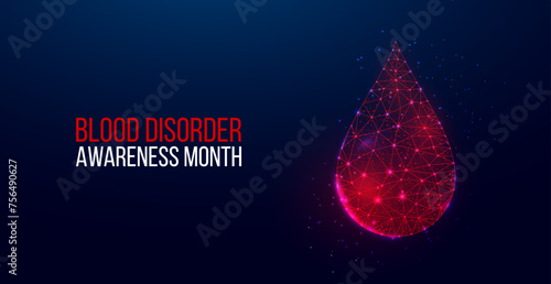 March is Bleeding Disorders Awareness Month concept. Banner with glowing low poly red blood drop on dark blue background. Vector illustration.