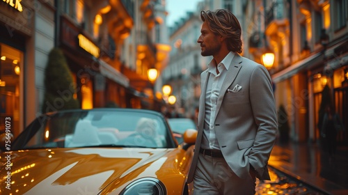 elegant man posing next to his sports car, businessman, successful man
