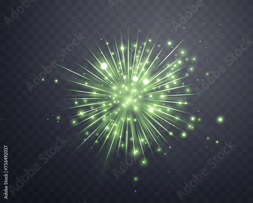 Green sunlight lens flare, sun flash with rays and spotlight. Glowing burst explosion on a transparent background. Vector illustration.