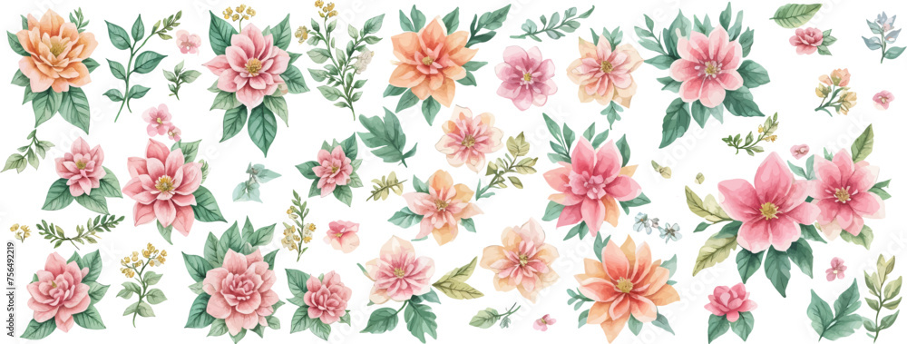 Vector floral bouquet design: garden pink peach lavender creamy powder pale Rose wax flower, anemone Eucalyptus branch greenery leaves berry. Wedding vector invite card Watercolor designer element set