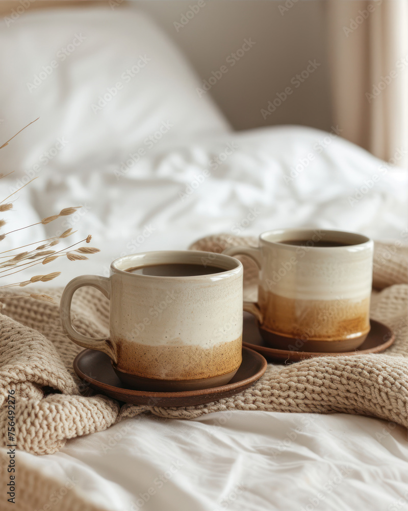 Two cups of coffee on the bed. Cozy home interior.