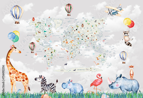 children's picture of animals with a world map and attractions