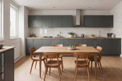 Modern Scandinavian dining room with kitchen zone at the back.