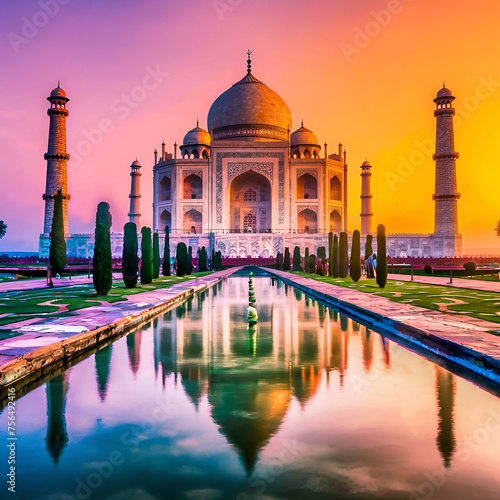 Vertical shot of the historic Taj Mahal reflects ancient spirituality at sunset. AI generated image.