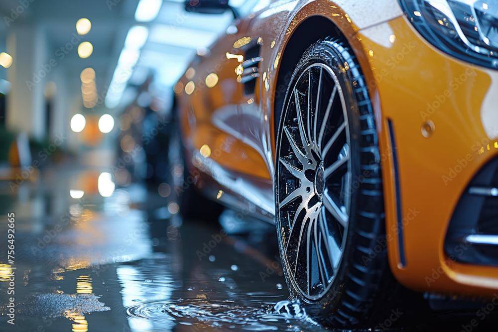 Low angle view on wet car wheel. Low angle view on wet car wheel.