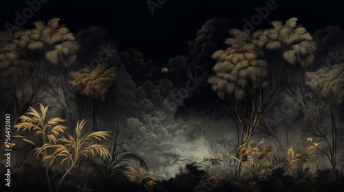 Tropical Exotic Landscape Wallpaper. Dark Gold Color  Hand Drawn Design. Luxury Wall Mural