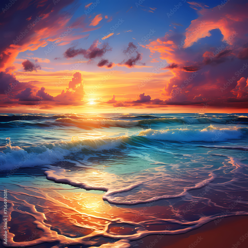 A serene beach sunset with vibrant colors. 