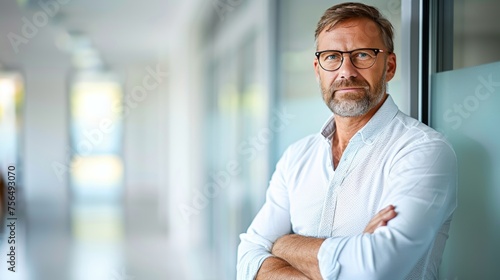 Confident senior businessman standing in white office with arms crossed, copy space