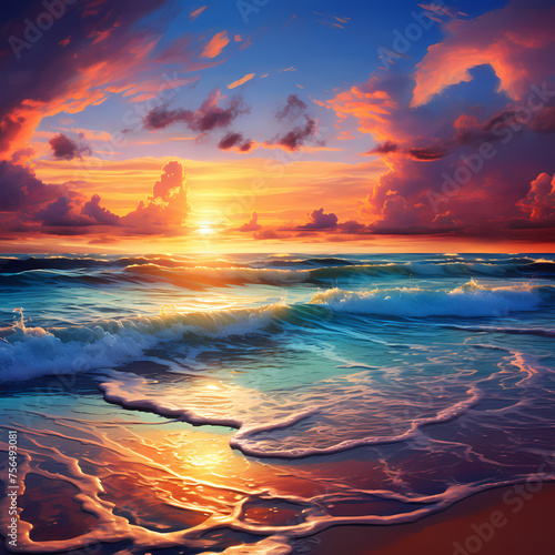 A serene beach sunset with vibrant colors. 