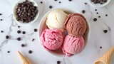 Pink, vanilla and chocolate ice cream scoops. Frozen dessert