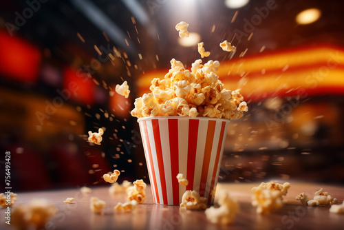 Dynamically Captured Photo of Popcorn in a Striped Paper Cup, Vibrant and Cinematic Shot Perfect for Movie Theater Promotions. Captures the Excitement and Flavorful Enjoyment of a Classic Movie Snack 