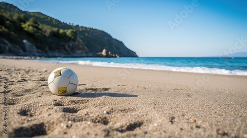 Andora, Italy, a soccer ball placed on the sand of the beach waiting for its players.
