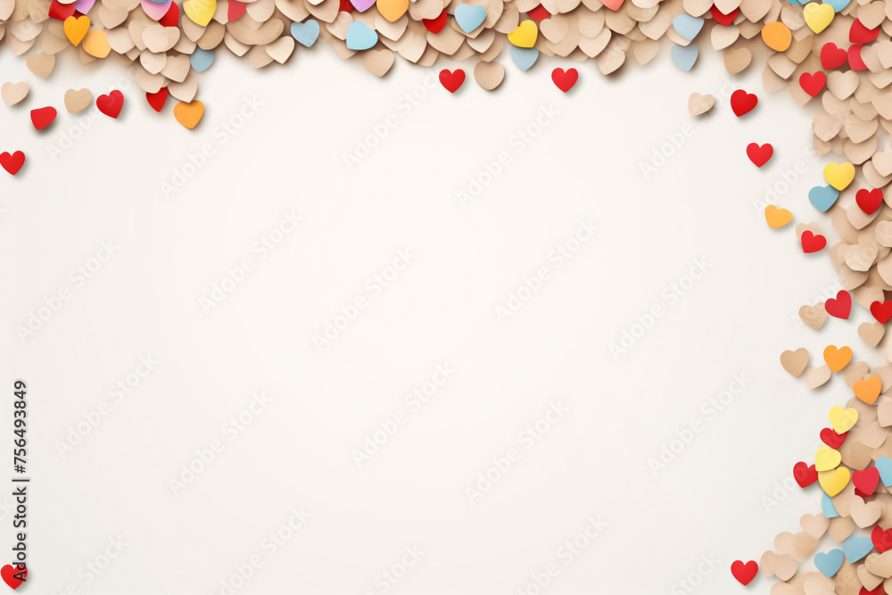A white background with a bunch of hearts scattered around it. The hearts are of different colors and sizes, and they are placed in various positions. Concept of love, warmth, and affection
