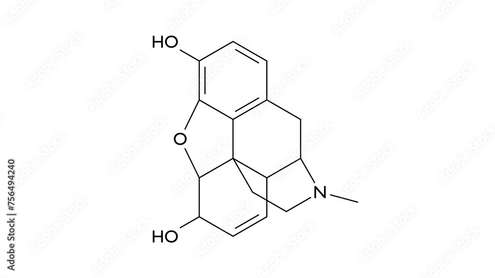 Εκτύπωση καμβά morphine molecule, structural chemical formula, ball-and-stick model, isolated i