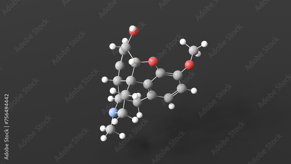 codeine molecular structure, opiate, ball and stick 3d model, structural chemical formula with colored atoms codeine molecular structure, opiate, ball and stick 3d model, structural chemical formula with colored atoms