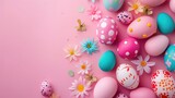 Pastel Easter Eggs and Flowers with Ample Copy Space.