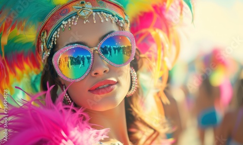 Beautiful girl on carnival with colorful face dress and sunglasses © Daniela