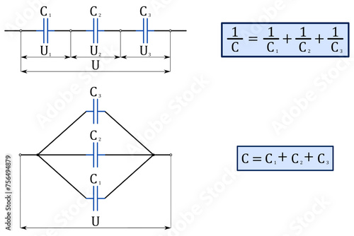 Two diagrams of the connection of three capacitors - series and parallel, expression of the resulting capacity