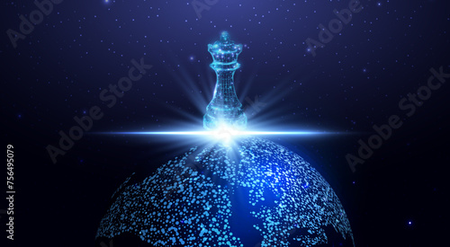 Planet Earth with futuristic glowing chess figure, global strategy and diplomacy concept. Polygonal wireframe vector illustration.