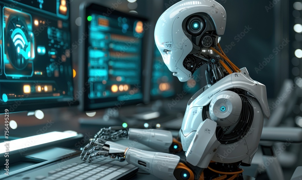 Humanoid or AI robot typing or working on computer. Humanoid or AI robot typing or working on computer.