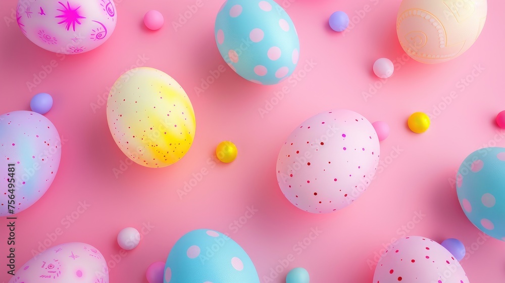 Vibrant Easter Eggs on Pastel Pink Festive Background.