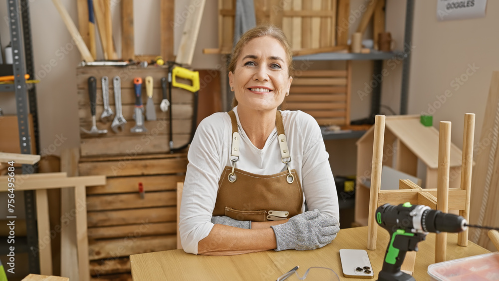 Smiling caucasian woman wearing an apron in a woodworking workshop with tools and workbench Smiling caucasian woman wearing an apron in a woodworking workshop with tools and workbench