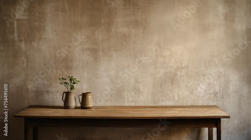 Minimalistic Interior Of An Old Vintage Room. A wooden table with a vase near a heterogeneous gray Grunge Wall. Background for Advertising  Product Presentation  Text  Copy space.